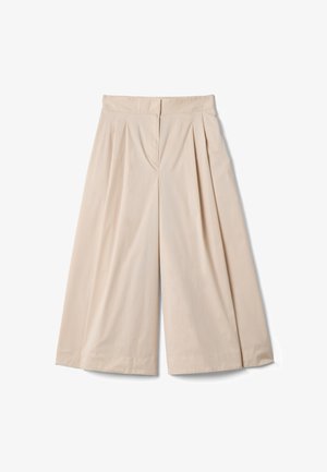 Pantalones cropped beige de pierna ancha con pliegues delanteros y cinturilla ajustada, mostrados sobre un fondo blanco.