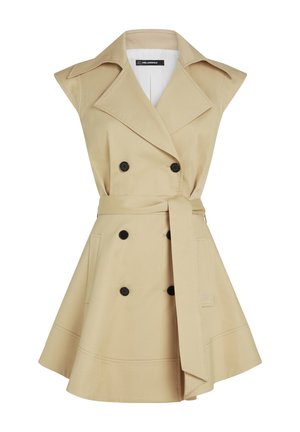 Ärmelloses beiges Trenchkleid mit breiten Revers, doppelreihigen schwarzen Knöpfen, tailliertem Gürtel und ausgestelltem Rockteil.