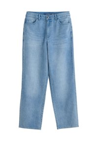 Jeans en denim bleu clair avec une coupe ample, dotés d'une fermeture à boutons, de passants de ceinture et de plusieurs poches. Le tissu a une texture lisse.