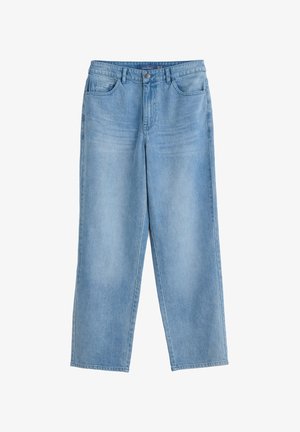 Helleblaue Jeans aus Denim mit lockerer Passform, ausgestattet mit einem Knopfverschluss, Gürtelschlaufen und mehreren Taschen. Der Stoff hat eine glatte Textur.