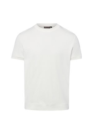 Prosty biały t-shirt z krótkim rękawem i okrągłym dekoltem, z prostym dołem i gładką tkaniną, przedstawiony na białym tle.