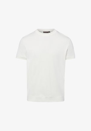 Einfaches weißes T-Shirt mit kurzen Ärmeln und rundem Ausschnitt, geradem Saum und glatter Stoffstruktur, dargestellt auf weißem Hintergrund.