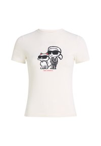 Tricou alb din bumbac cu un design grafic ce înfățișează un personaj și o pisică purtând ochelari de soare, cu "Karl Lagerfeld" tipărit în roșu dedesubt.