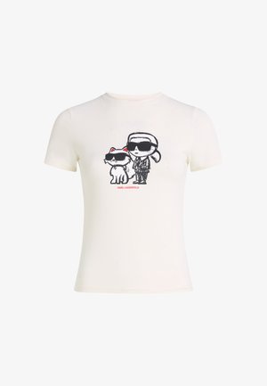 Hvit bomulls T-skjorte med grafisk design av en karakter og en katt med solbriller, med "Karl Lagerfeld" trykket i rødt under.