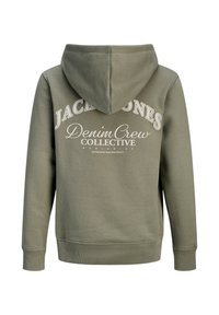 Λαδί φούτερ με κουκούλα και την επιγραφή "Jack & Jones Denim Crew Collective" στην πλάτη με άσπρα γράμματα.