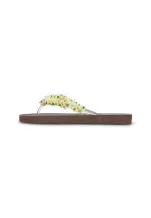 Tongs avec semelle marron et brides translucides décorées de petites perles florales jaunes, blanches et vertes.