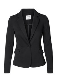 Černý dobře padnoucí blazer s klopovým límcem, jednobuttonovým zapínáním, dvěma předními kapsami a dlouhými rukávy. Vyroben z hladké tkaniny.