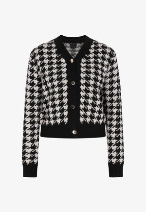 Fekete-fehér houndstooth mintás kardigán kötött anyagból, V-kivágással, hosszú ujjakkal és öt aranyszínű gombbal.