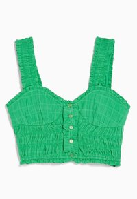 Zielony krótki top z teksturowanej tkaniny, szerokimi ramiączkami i zapięciem na guziki z przodu, z falbaniastym dekoltem i dołem.