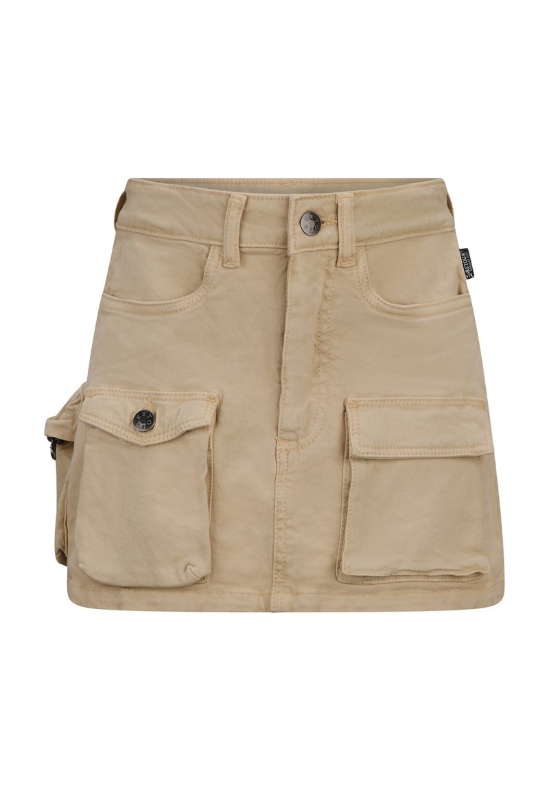 Gonna cargo beige con quattro tasche, chiusura a bottone e passanti per cintura. Realizzata in tessuto resistente con una trama morbida e orlo dritto.