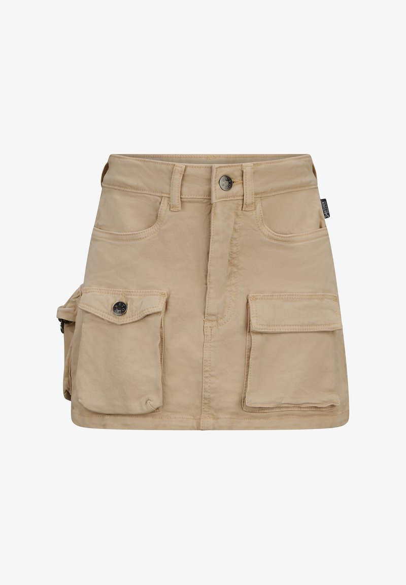 Gonna cargo beige con quattro tasche, chiusura a bottone e passanti per cintura. Realizzata in tessuto resistente con una trama morbida e orlo dritto.