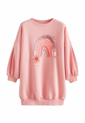 Lyserød sweatshirt med oversized ærmer, der har et regnbue-design prydet med palietter og en blomsterdetalje. Blød tekstur, afslappet pasform.