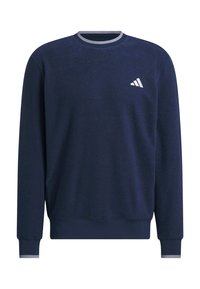 Mørkeblå sweatshirt med rund hals, ribbestrikket krage og mansjetter, med et lite hvitt Adidas-logo på brystet, myk tekstur, avslappet passform.
