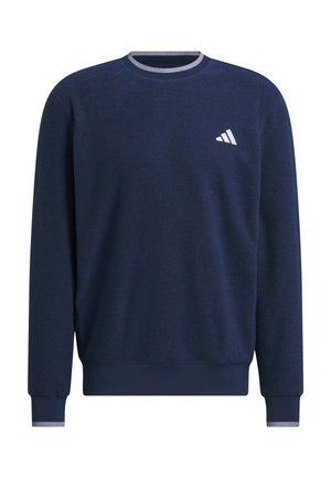 Mørkeblå sweatshirt med rund hals, ribbestrikket krage og mansjetter, med et lite hvitt Adidas-logo på brystet, myk tekstur, avslappet passform.