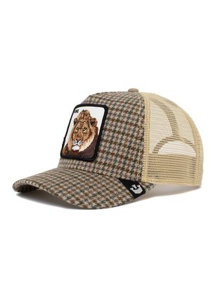 Brun og beige ternet kasket med mesh bag, der har et broderet lionsmærke foran og en buet skygge.