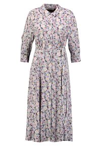 Blommig klänning med krage, långa ärmar och midjebälte. Tillverkad av lättviktig tyg med rosa, lila och gula blommor.