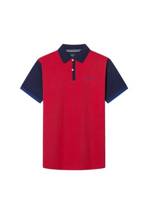 Red polo shirt with short navy sleeves, three buttons at collar, and embroidered logo on the chest. Cotton material, casual design.