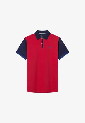 Red polo shirt with short navy sleeves, three buttons at collar, and embroidered logo on the chest. Cotton material, casual design.