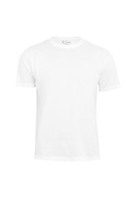T-shirt bianca in cotone con collo tondo classico, maniche corte e una superficie liscia. Senza schemi o design, leggera e semplice.
