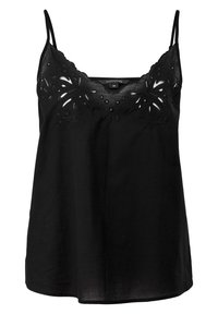 Haut caraco noir sans manches avec fines bretelles et broderie florale découpée autour du col, étiquette de taille visible à l'intérieur.