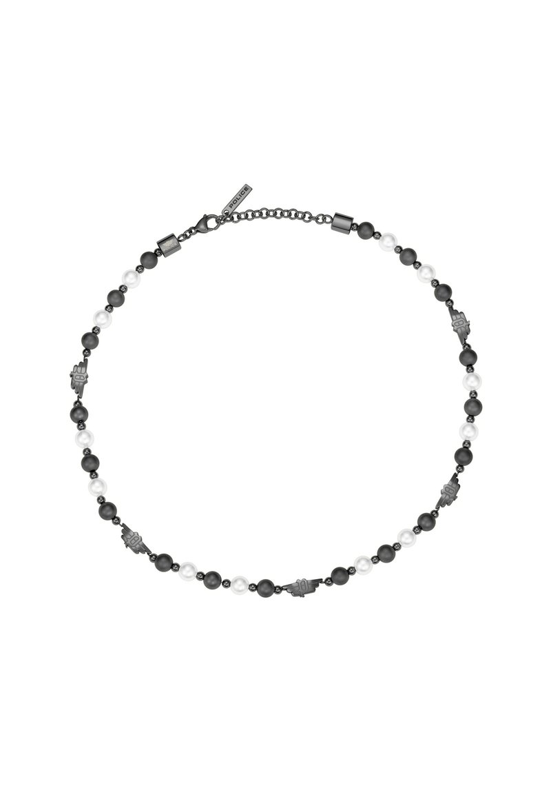 Zwart-witte kralenketting met metalen accenten; bevat afwisselend zwarte ronde kralen en witte parels, met decoratieve schakels.