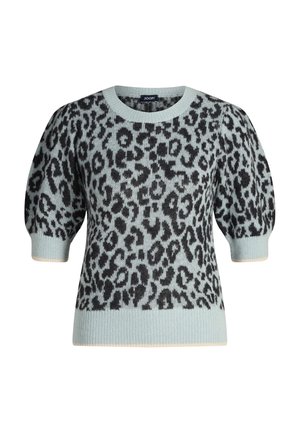 Light blue sweater with black leopard print; short puff sleeves; ribbed crew neckline and cuffs; soft texture.