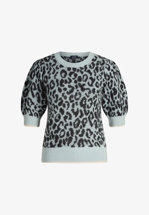 Light blue sweater with black leopard print; short puff sleeves; ribbed crew neckline and cuffs; soft texture.