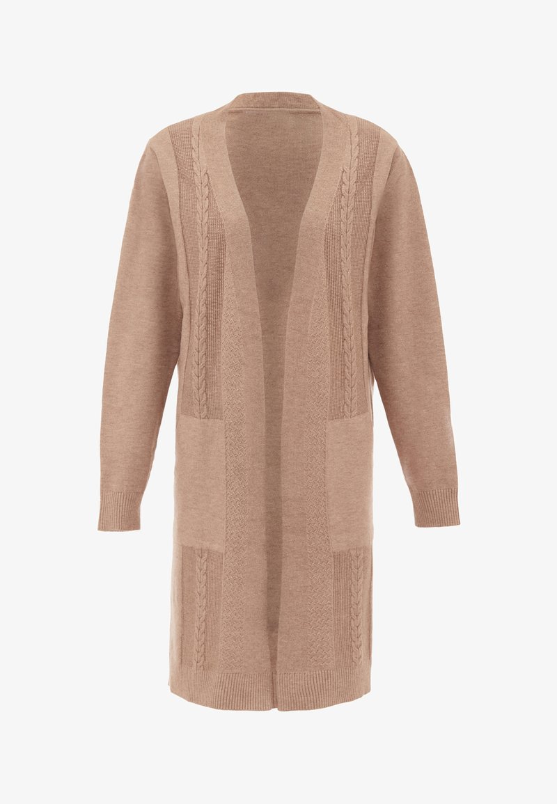 Cardigan tricotat în bej deschis, cu deschidere în față, manșete cu nervuri și accente de tricotaj cu cablu pe laturi și buzunare. Mâneci lungi și croială medie.