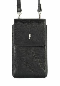 Czarna skórzana torba na ramię z teksturowanym wykończeniem, z przednią klapą, srebrnymi akcentami i logo z przodu.