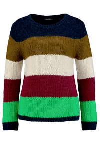El suéter de punto presenta rayas horizontales en azul marino, oliva, crema, burdeos y verde. Cuello redondo y puños y dobladillo acanalados.