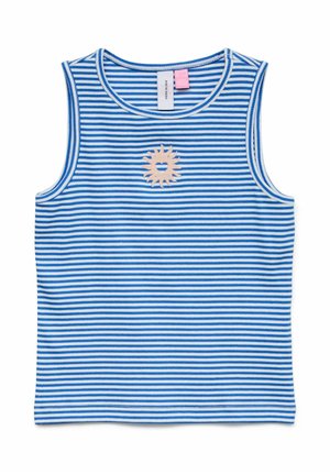 Blue and white striped sleeveless top with a small beige sun and heart design centered on the chest.