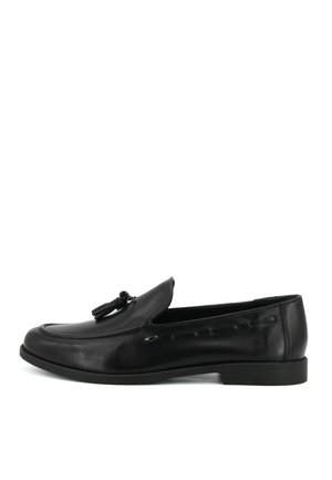 Mocassino slip-on in pelle nera con dettagli a nappine, tacco basso e cuciture laterali decorative, mostrato di profilo su sfondo bianco.