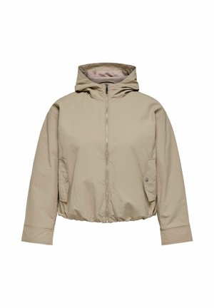 Beige hupparillinen takki, jossa etuvetoketju, kaksi napillista läppätaskua ja joustava helma, esitetty valkoisella taustalla.