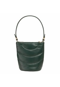 Borsa a tracolla in pelle verde con una texture ondulata, una corta tracolla e hardware color oro. Chiusura superiore con zip, forma rettangolare.