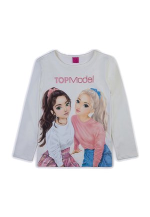 T-shirt bianco a maniche lunghe con due personaggi illustrati, uno con i capelli scuri raccolti in un ponytail e l'altro con i capelli biondi. Testo "TOP Model" stampato.
