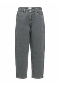 Jeans de tiro alto y pierna recta en denim gris desgastado con costuras amarillas y diseño clásico de cinco bolsillos, con cierre frontal de botón.