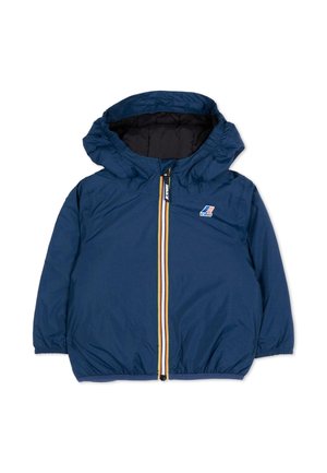 Giacca con cappuccio per bambini di colore blu navy con cerniera a righe multicolori e logo K-Way sul petto, polsini ed orlo elastici.