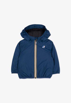 Giacca con cappuccio per bambini di colore blu navy con cerniera a righe multicolori e logo K-Way sul petto, polsini ed orlo elastici.