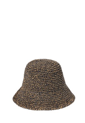Sombrero tipo bucket tejido con un patrón en negro y beige, con copa redondeada y ala inclinada hacia abajo.