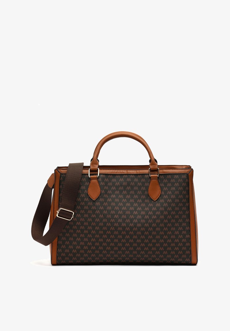 Braune Handtasche mit Muster und Lederakzenten, doppelten Griffen und einem abnehmbaren Schulterriemen. Verfügt über einen Reißverschluss und eine strukturierte Form.