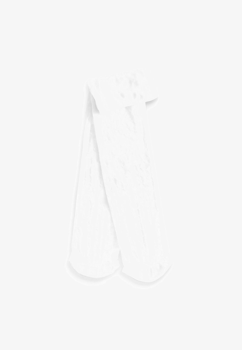 Białe skarpety do kolan wykonane z miękkiego materiału z prążkowanym, złożonym mankietem. Gładka faktura z subtelnymi detalami wzoru wzdłuż długości.