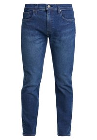 Mörkblå denimjeans med smal passform, som har fem fickor, en framknäppning och subtila blekningar på låren.