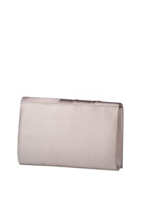 Clutch rettangolare in raso di un rosa tenue, caratterizzata da una superficie liscia, chiusura a ribaltina e discreti dettagli cuciti lungo i bordi.