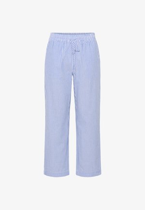 Zilas un baltas svītrotas pidžamu bikses ar elastīgu jostu, aukliņu aizdari un brīvu piegriezumu. Mīksta auduma ar vertikālām svītrām.