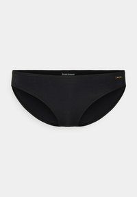 Slip bikini nero realizzato in materiale sintetico morbido, con un design a vita bassa, cuciture minime e un discreto accento del logo dorato.