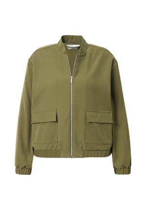 Olivegrüner Bomberjacke aus glattem Stoff, mit einem Reißverschluss auf der Vorderseite, zwei aufgesetzten Taschen und elastischen Bündchen sowie Saum.
