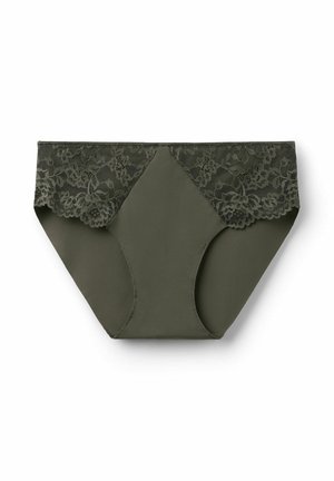 Bragas de mujer verde oliva con detalles de encaje floral en la cinturilla, tela lisa y diseño de pierna de corte alto.