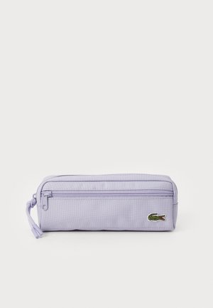 Purple zippered pencil case made of durable fabric, featuring a small green embroidered crocodile logo and a single zipper compartment.