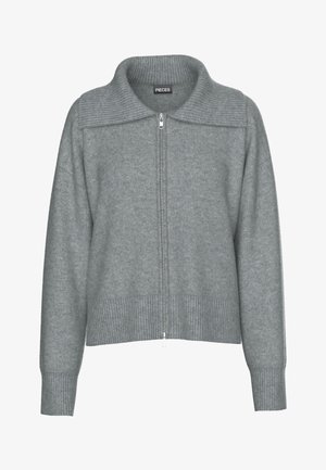 Soft grey zip-up cardigan with ribbed wide collar, hem, and cuffs, featuring long sleeves and a relaxed fit.