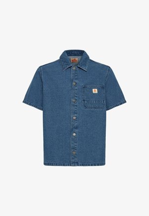 Korte mouw blauwe denim blouse met knopen, voorzien van een borstzak aan de voorkant met een klein beige en oranje logo.